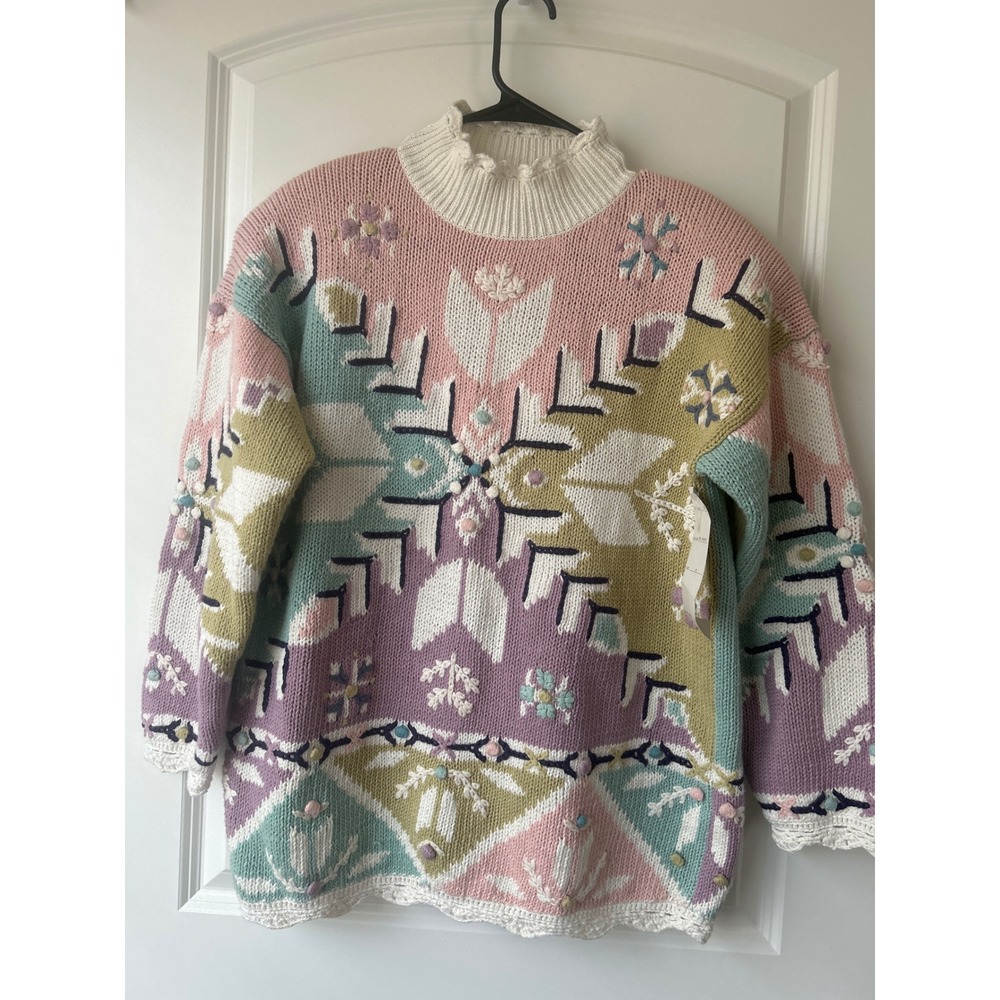 Vintage 1992 Debra Lubell Pastel Nordic Snowflake Knit Sweater Mock Neck Sz M